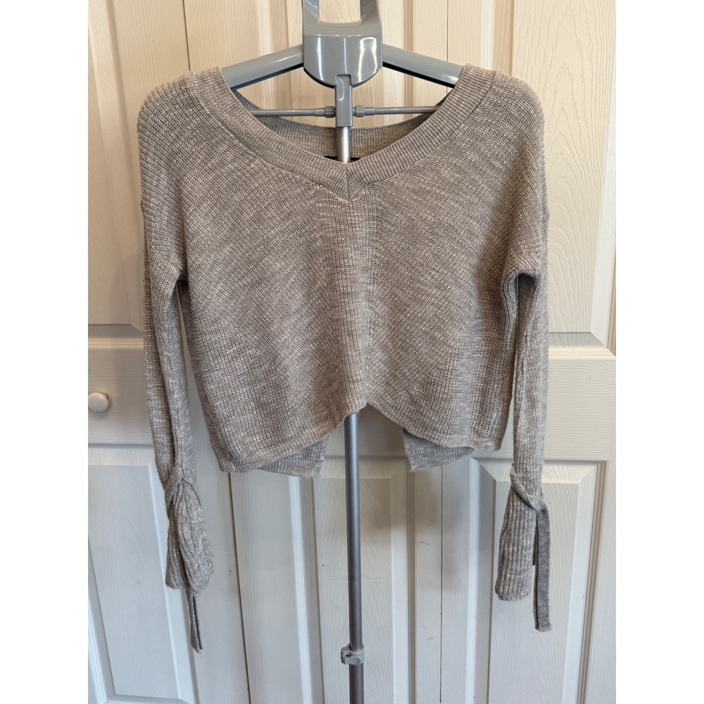 Express‎ Tan Marled Knit V Neck Tie Sleeve Split Back Cropped Sweater XS